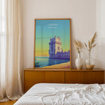 Load image into Gallery viewer, Lissabon Vintage Travel Plakat | Vintage Travel Poster | Denne plakat viser et historisk tårn ved vandet i Lissabon, Portugal, i en farverig og stiliseret illustration.
