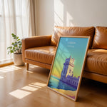 Load image into Gallery viewer, Lissabon Vintage Travel Plakat | Vintage Travel Poster | Denne plakat viser et historisk tårn ved vandet i Lissabon, Portugal, i en farverig og stiliseret illustration.
