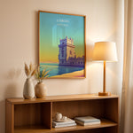 Load image into Gallery viewer, Lissabon Vintage Travel Plakat | Vintage Travel Poster | Denne plakat viser et historisk tårn ved vandet i Lissabon, Portugal, i en farverig og stiliseret illustration.
