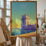 Load image into Gallery viewer, Lissabon Vintage Travel Plakat | Vintage Travel Poster | Denne plakat viser et historisk tårn ved vandet i Lissabon, Portugal, i en farverig og stiliseret illustration.
