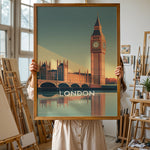 Load image into Gallery viewer, London Vintage Travel Plakat | Vintage Travel Poster | Denne plakat viser en stiliseret illustration af Big Ben og Parlamentsbygningerne i London, England, med deres refleksion i vandet nedenfor. Perfekt til rejse- og arkitekturentusiaster.
