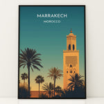 Load image into Gallery viewer, Marrakech Vintage Travel Plakat | Vintage Travel Poster | Denne plakat viser en stiliseret illustration af Marrakech med en høj minaret og palmetræer mod en gradienthimmel.
