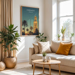 Load image into Gallery viewer, Marrakech Vintage Travel Plakat | Vintage Travel Poster | Denne plakat viser en stiliseret illustration af Marrakech med en høj minaret og palmetræer mod en gradienthimmel.
