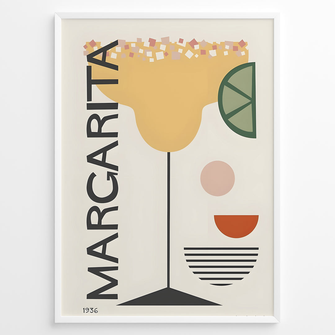 Modern geometric art print of a margarita cocktail glass with lime slice and salt rim — minimalist bar and kitchen wall décor.