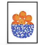 Load image into Gallery viewer, Abstract art print of a blue patterned bowl filled with oranges — modern minimalist kitchen wall décor.
