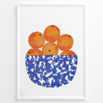 Load image into Gallery viewer, Abstract art print of a blue patterned bowl filled with oranges — modern minimalist kitchen wall décor.
