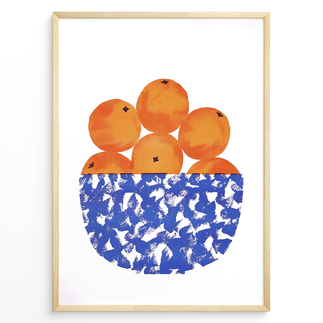 Abstract art print of a blue patterned bowl filled with oranges — modern minimalist kitchen wall décor.