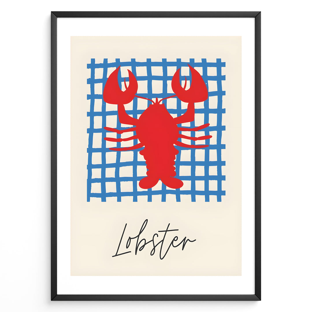Red lobster illustration on a blue grid background with the word “Lobster” — coastal nautical kitchen wall art.