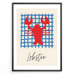Load image into Gallery viewer, Red lobster illustration on a blue grid background with the word “Lobster” — coastal nautical kitchen wall art.
