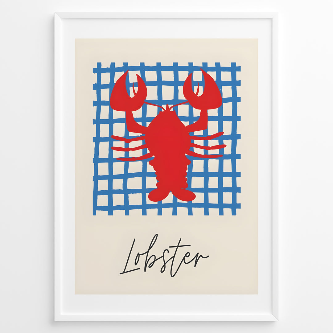 Red lobster illustration on a blue grid background with the word “Lobster” — coastal nautical kitchen wall art.
