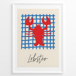 Load image into Gallery viewer, Red lobster illustration on a blue grid background with the word “Lobster” — coastal nautical kitchen wall art.
