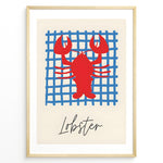 Load image into Gallery viewer, Red lobster illustration on a blue grid background with the word “Lobster” — coastal nautical kitchen wall art.

