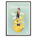 Load image into Gallery viewer, Vintage Limoncello poster featuring a woman in a black dress wrapped in lemon peel holding a bottle of Limoncello on a pastel background.

