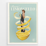 Load image into Gallery viewer, Vintage Limoncello poster featuring a woman in a black dress wrapped in lemon peel holding a bottle of Limoncello on a pastel background.
