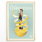 Load image into Gallery viewer, Vintage Limoncello poster featuring a woman in a black dress wrapped in lemon peel holding a bottle of Limoncello on a pastel background.
