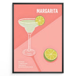 Load image into Gallery viewer, Modern Margarita cocktail poster with lime garnish and recipe text on a pink background, framed for kitchen or bar wall décor.
