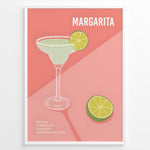 Load image into Gallery viewer, Modern Margarita cocktail poster with lime garnish and recipe text on a pink background, framed for kitchen or bar wall décor.
