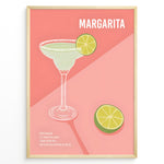 Load image into Gallery viewer, Modern Margarita cocktail poster with lime garnish and recipe text on a pink background, framed for kitchen or bar wall décor.
