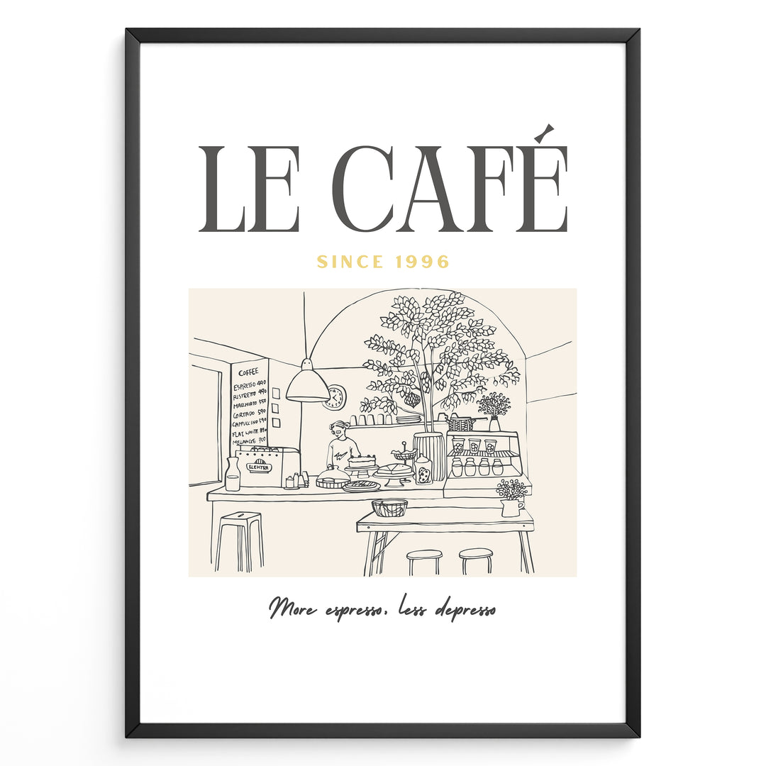 Minimalist illustration of a Parisian café with tables, plants, and barista, text reading “Le Café Since 1996 – More espresso, less depresso,” framed in black.