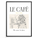 Load image into Gallery viewer, Minimalist illustration of a Parisian café with tables, plants, and barista, text reading “Le Café Since 1996 – More espresso, less depresso,” framed in black.
