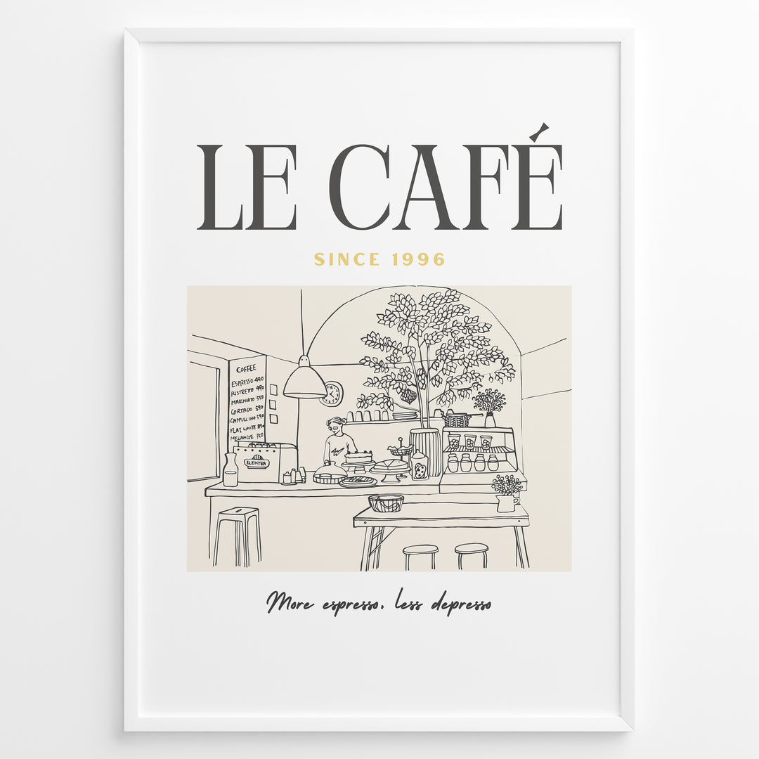 Minimalist illustration of a Parisian café with tables, plants, and barista, text reading “Le Café Since 1996 – More espresso, less depresso,” framed in white.