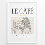 Load image into Gallery viewer, Minimalist illustration of a Parisian café with tables, plants, and barista, text reading “Le Café Since 1996 – More espresso, less depresso,” framed in white.
