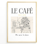 Load image into Gallery viewer, Minimalist illustration of a Parisian café with tables, plants, and barista, text reading “Le Café Since 1996 – More espresso, less depresso,” framed in golden.
