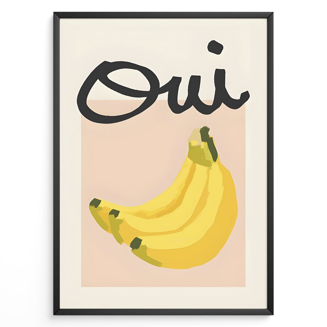 Modern art poster featuring the word “Oui” in bold black text above a bunch of yellow bananas on a soft pink background, framed as French kitchen wall décor.