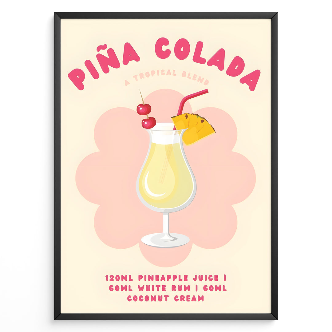 Colorful Piña Colada cocktail poster with pineapple slice, cherries, and recipe text on a cream background, framed as tropical kitchen or bar wall art.