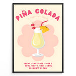 Load image into Gallery viewer, Colorful Piña Colada cocktail poster with pineapple slice, cherries, and recipe text on a cream background, framed as tropical kitchen or bar wall art.
