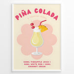Load image into Gallery viewer, Colorful Piña Colada cocktail poster with pineapple slice, cherries, and recipe text on a cream background, framed as tropical kitchen or bar wall art.
