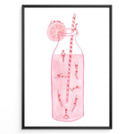 Load image into Gallery viewer, Art poster of tiny swimmers inside a pink lemonade bottle with a striped straw and lemon slice, framed as modern summer wall décor.
