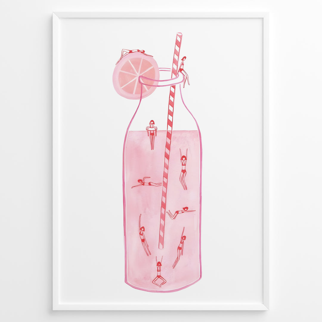 Art poster of tiny swimmers inside a pink lemonade bottle with a striped straw and lemon slice, framed as modern summer wall décor.