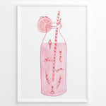 Load image into Gallery viewer, Art poster of tiny swimmers inside a pink lemonade bottle with a striped straw and lemon slice, framed as modern summer wall décor.
