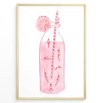 Load image into Gallery viewer, Art poster of tiny swimmers inside a pink lemonade bottle with a striped straw and lemon slice, framed as modern summer wall décor.
