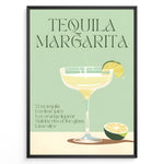 Load image into Gallery viewer, Tequila Margarita poster with a cocktail glass, lime slice, and recipe text on a mint green background, framed as modern kitchen or bar wall art.
