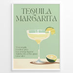 Load image into Gallery viewer, Tequila Margarita poster with a cocktail glass, lime slice, and recipe text on a mint green background, framed as modern kitchen or bar wall art.
