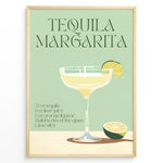 Load image into Gallery viewer, Tequila Margarita poster with a cocktail glass, lime slice, and recipe text on a mint green background, framed as modern kitchen or bar wall art.
