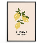 Load image into Gallery viewer, Minimalist Limone Amalfi Coast poster with hand-drawn yellow lemons and green leaves on a light background, framed as Italian kitchen wall art.
