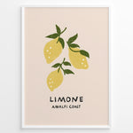Load image into Gallery viewer, Minimalist Limone Amalfi Coast poster with hand-drawn yellow lemons and green leaves on a light background, framed as Italian kitchen wall art.
