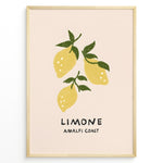 Load image into Gallery viewer, Minimalist Limone Amalfi Coast poster with hand-drawn yellow lemons and green leaves on a light background, framed as Italian kitchen wall art.
