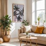 Load image into Gallery viewer, Plakat med palmer og himmel | Sommer og Strand Plakater | Denne plakat viser flere høje palmer med grønne fronds mod en pastel farvet himmel. Perfekt til dem, der elsker tropiske omgivelser.
