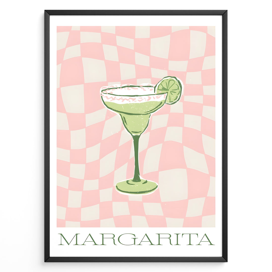 Retro-style Margarita cocktail poster featuring a green drink with a lime slice on a pink and cream checkered background, framed as modern kitchen or bar wall art.