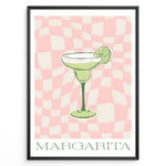 Load image into Gallery viewer, Retro-style Margarita cocktail poster featuring a green drink with a lime slice on a pink and cream checkered background, framed as modern kitchen or bar wall art.
