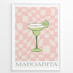 Load image into Gallery viewer, Retro-style Margarita cocktail poster featuring a green drink with a lime slice on a pink and cream checkered background, framed as modern kitchen or bar wall art.
