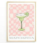 Load image into Gallery viewer, Retro-style Margarita cocktail poster featuring a green drink with a lime slice on a pink and cream checkered background, framed as modern kitchen or bar wall art.
