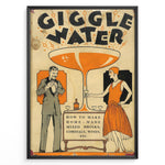 Load image into Gallery viewer, Vintage “Giggle Water” poster with a 1920s man and woman holding cocktails beside a large orange glass, framed as retro bar or cocktail wall art.
