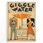 Load image into Gallery viewer, Vintage “Giggle Water” poster with a 1920s man and woman holding cocktails beside a large orange glass, framed as retro bar or cocktail wall art.
