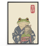Load image into Gallery viewer, Japanese-style illustration of a frog in a kimono holding a smiling cat, with a red kanji good fortune symbol.
