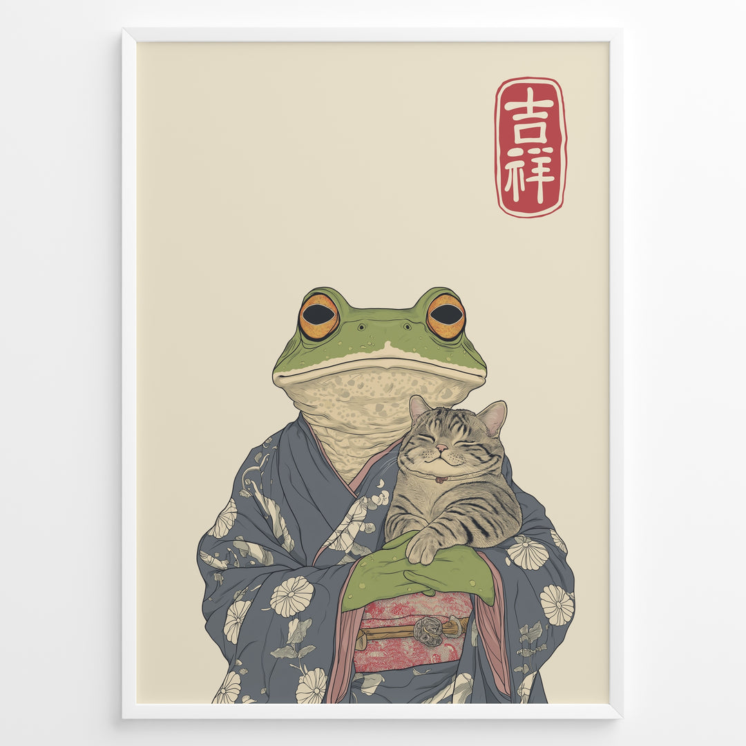 Japanese-style illustration of a frog in a kimono holding a smiling cat, with a red kanji good fortune symbol.